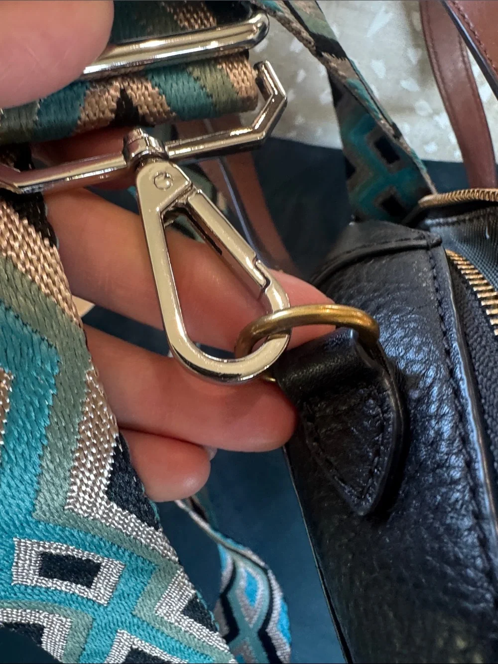 Black Leather Satchel with Detachable Patterned Strap